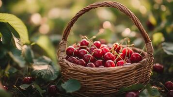 Ripe Red Cherries in a Wicker Basket on a Sunny Day photo