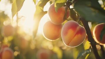 Ripe Peaches Hanging From a Branch in the Sunlit Orchard photo