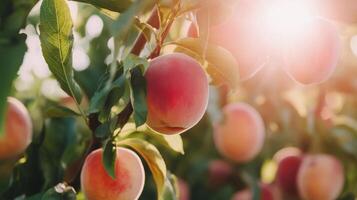 Ripe Peaches Hanging on a Branch in Sunlight photo