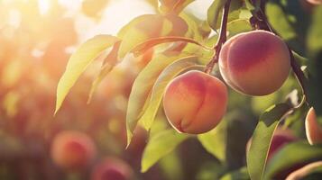 Ripe Peaches Hanging from a Branch in a Peach Orchard photo