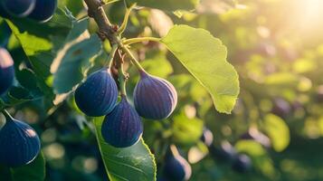 Close-up of Ripe Figs Hanging from a Branch photo