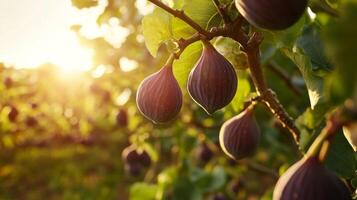 Ripe Figs Hanging on a Branch with Sunlight Streaming Through the Leaves photo