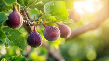 Ripe Figs Hanging on a Branch with Green Leaves and Sunlit Background photo