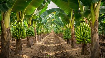 A Row of Lush Banana Trees with Green Bananas Growing in a Plantation photo