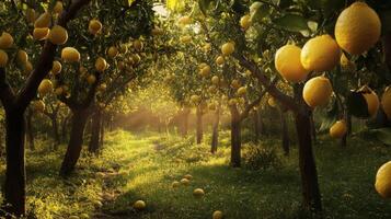 Sunlit Lemon Orchard with Fallen Fruit and Lush Grass photo