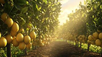 Ripe Lemons Hanging from Branches in a Lemon Orchard photo