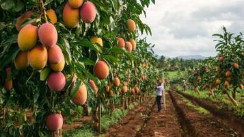 Ripe Mangoes Hanging on Branch in Orchard photo