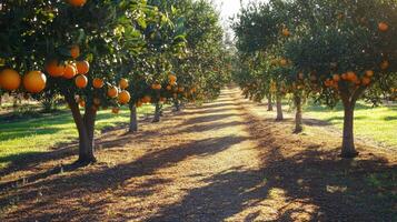 Rows of Orange Trees with Ripe Fruit in an Orchard photo