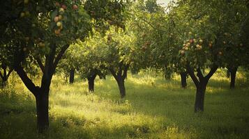 Lush Orchard with Fruit-Bearing Trees in Sunny Field photo