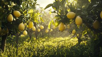 Ripe Lemons Hanging on Lush Branches in a Sunny Lemon Orchard photo