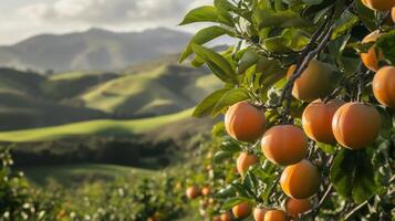 Ripe Persimmon Fruit Hanging From Branch with Mountain Background photo