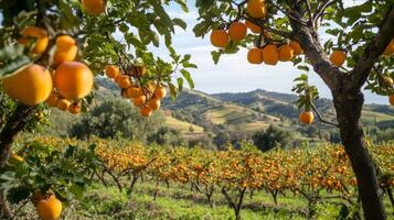 Ripe Orange Fruit Hanging on a Tree Branch in an Orchard photo