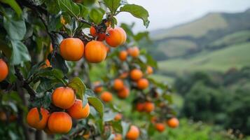 Ripe Orange Persimmons Hanging on a Branch in a Lush Orchard photo