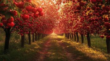 Sunlit Pathway Through an Orchard of Red Apples photo