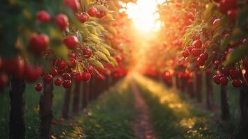 Ripe Red Cherries Hanging on Branches in a Cherry Orchard at Sunset photo