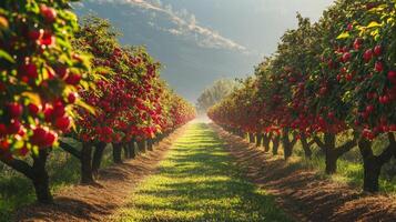 Rows of Apple Trees Laden with Red Fruit in a Sunny Orchard photo