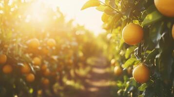 Sunlit Oranges on a Branch in a Citrus Grove photo