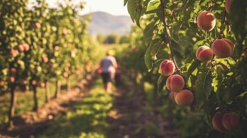 Ripe Peaches Hanging on a Branch in a Peach Orchard photo