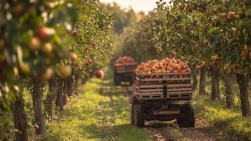 A Tractor Loaded with Apples Driving Through an Orchard photo