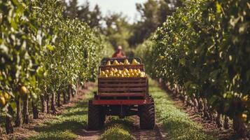A tractor loaded with pears drives through a pear orchard photo