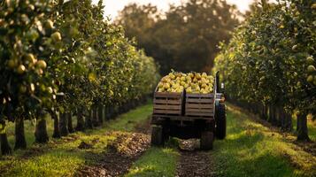 A tractor loaded with pears in an orchard photo