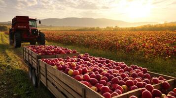 Tractor Hauling Loaded Wagon of Apples Through Orchard photo