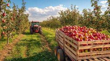Tractor Hauling a Trailer Filled with Red Apples in an Orchard photo