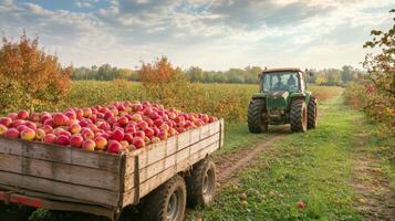 Tractor Hauling a Trailer Full of Apples in an Orchard photo
