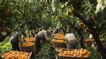 Workers Harvesting Ripe Apricots in a Lush Orchard photo