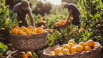 A Basket of Freshly Picked Oranges in an Orchard photo