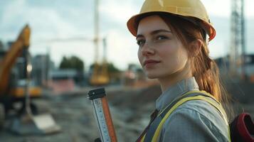 Female Construction Worker in Yellow Hard Hat and Safety Vest photo