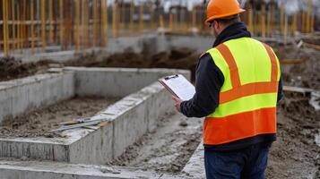 Construction Worker Inspecting Documentation at a Construction Site photo