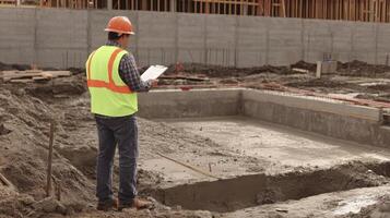 Construction Worker Inspecting Concrete Foundation. photo