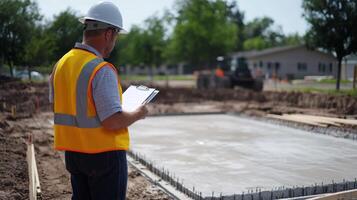 Construction Worker Inspecting Concrete Foundations photo