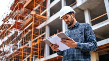 Construction Worker Examining Plans in Front of Building Under Construction photo