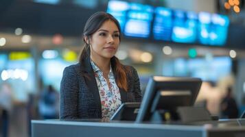 A woman working at an airport check-in desk photo