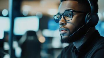 Close-up of a Man Wearing Headphones and Glasses Looking to the Side photo