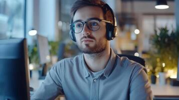 A young man wearing glasses and headphones looks attentively at a computer screen in an office setting. photo