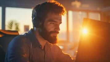 Bearded Man with Headphones Looking at a Computer Screen in Golden Light photo