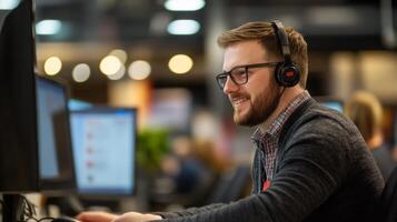 A Smiling Man Wearing Headphones Works at His Desk in an Office photo