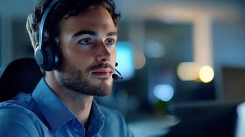 Close-up of a young man with a headset, looking intently towards the left. photo