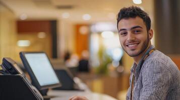 Smiling Man with Lanyard in Office Setting photo