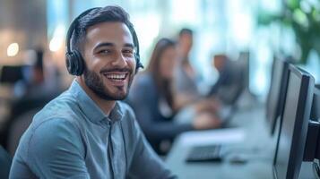 Smiling Man with Headphones at a Desk in an Office photo