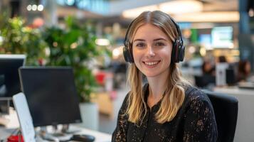 Smiling Woman with Headphones in an Office Setting photo