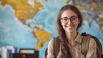 Smiling Woman with Glasses and Backpack in Front of a World Map photo
