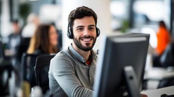 Smiling Customer Service Representative Wearing Headphones at Work photo