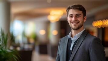 Portrait of a smiling young man in a grey suit, standing in a modern interior photo