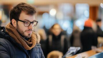 A man wearing glasses and a brown scarf looks down with a serious expression. photo