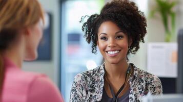 Smiling Woman with Curly Hair Looking at Person Off-Camera photo