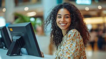 A smiling woman with curly hair sits at a desk, working on a computer photo